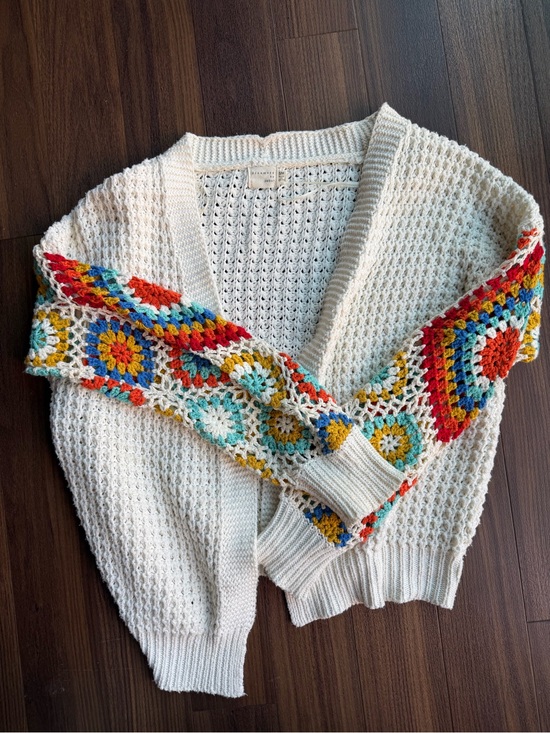 Dreamers By Debut Sweaters - Cream Crochet-Sleeve Open Front Cardigan with Multicolor Accents